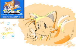Size: 1680x1193 | Tagged: safe, artist:suzienightsky, miles "tails" prower, classic tails, english text, heart, line art, mouth open, pointing, redraw, reference inset, signature, sketch, smile, solo, tails skypatrol