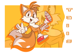 Size: 2048x1467 | Tagged: safe, artist:liv-uwo, miles "tails" prower, character name, classic tails, cute, echo background, looking at viewer, mid-air, mouth open, posing, smile, solo