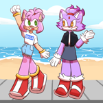Size: 2048x2048 | Tagged: safe, artist:emioliravioli, amy rose, blaze the cat, 2024, abstract background, alternate outfit, amy x blaze, beach, blushing, clouds, date, daytime, duo, lesbian, ocean, outdoors, sega logo, shipping, smile