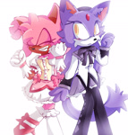 Size: 2048x2150 | Tagged: safe, artist:rosetyphoon, amy rose, blaze the cat, 2024, alternate outfit, amy x blaze, blushing, dress, duo, eyes closed, frown, lesbian, shipping, simple background, smile, standing, white background