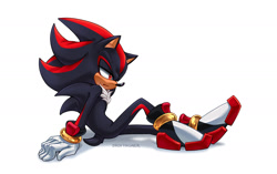 Size: 1750x1100 | Tagged: safe, artist:droffie, shadow the hedgehog, frown, looking offscreen, simple background, sitting, solo, white background
