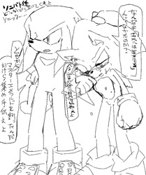 Size: 669x800 | Tagged: safe, artist:knso_no1, knuckles the echidna, sonic the hedgehog, crying, duo, gay, greyscale, hand on another's head, japanese text, knuxonic, monochrome, shipping, simple background, speech bubble, standing, white background