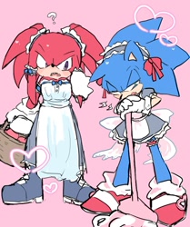 Size: 706x845 | Tagged: safe, artist:knso_no1, knuckles the echidna, sonic the hedgehog, basket, broom, crossdressing, dress, duo, gay, heart, knuxonic, maid outfit, pink background, shipping, simple background, standing
