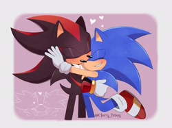 Size: 2047x1528 | Tagged: safe, artist:clery_trixy, shadow the hedgehog, sonic the hedgehog, 2024, blushing, cute, dawww, duo, eyes closed, gay, heart, hugging, noses are touching, shadow x sonic, shadowbetes, shipping, signature, smile, sonabetes, standing, wholesome