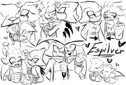 Size: 912x621 | Tagged: safe, artist:juverasean, espio the chameleon, silver the hedgehog, 2024, alternate outfit, black and white, blushing, cute, duo, english text, espibetes, gay, heart, holding each other, kiss, kiss on cheek, line art, ship name, shipping, silvabetes, silvio, simple background, smile, speech bubble, sweater, umbrella, white background, words on a shirt