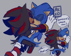 Size: 2048x1609 | Tagged: safe, artist:akkorokamuic, shadow the hedgehog, sonic the hedgehog, 2024, dialogue, drooling, duo, english text, eyes closed, gay, grey background, kiss, making out, shadow x sonic, shipping, signature, simple background, smile, speech bubble, wagging tail