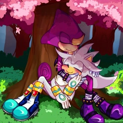 Size: 2048x2048 | Tagged: safe, artist:kkskfkgkwo72944, espio the chameleon, silver the hedgehog, 2024, abstract background, blushing, cherry blossom tree, cute, dawww, daytime, duo, espibetes, eyes closed, gay, grass, hand on another's face, lying on them, outdoors, shipping, silvabetes, silvio, sitting, under a tree