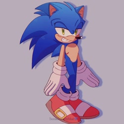 Size: 1080x1080 | Tagged: safe, artist:sonikkubabyblu2, sonic the hedgehog, 2024, blushing, grey background, lidded eyes, looking at viewer, signature, simple background, smile, solo, standing, top surgery scars, trans male, transgender