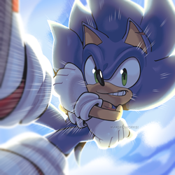 Size: 896x897 | Tagged: safe, artist:scourgefrontier, sonic the hedgehog, 2024, abstract background, arms folded, clouds, daytime, looking at viewer, outdoors, signature, smile, solo, top surgery scars, trans male, transgender