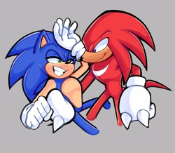Size: 1901x1655 | Tagged: safe, artist:shanzehpoo, knuckles the echidna, sonic the hedgehog, 2024, duo, gay, grey background, holding them, knuxonic, lidded eyes, looking at each other, redraw, shipping, simple background, smile