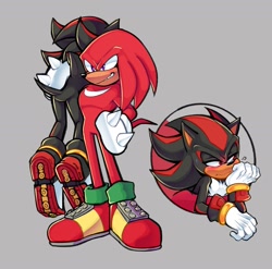 Size: 1985x1961 | Tagged: safe, artist:shanzehpoo, knuckles the echidna, shadow the hedgehog, 2024, alternate view, blushing, carrying them, duo, gay, grey background, knuxadow, lidded eyes, looking offscreen, redraw, shipping, simple background, smile