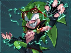 Size: 1090x820 | Tagged: safe, artist:starburstsonic, scourge the hedgehog, 2024, alternate universe, au:starburst, claws, electricity, fingerless gloves, looking at viewer, pawpads, sharp teeth, shrunken pupils, smile, solo
