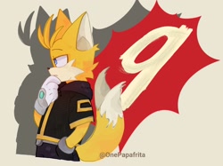 Size: 1654x1240 | Tagged: safe, artist:onepapafrita, miles "tails" prower, nine, sonic prime, 2024, frown, hand in pocket, lidded eyes, looking offscreen, signature, simple background, solo, yellow background