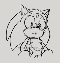Size: 473x496 | Tagged: safe, artist:scourgefrontier, sonic the hedgehog, 2024, chipped ear, frown, grey background, line art, looking at viewer, signature, simple background, sketch, solo, standing, top surgery scars, trans male, transgender