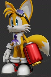 Size: 1158x1758 | Tagged: safe, artist:ladylunanova, miles "tails" prower, 3d, arm buster, goggles, looking offscreen, rhythm badge, smile, solo, standing