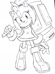 Size: 1536x2048 | Tagged: safe, artist:randomguy9991, amy rose, 2024, holding something, line art, looking at viewer, piko piko hammer, simple background, smile, solo, standing, white background
