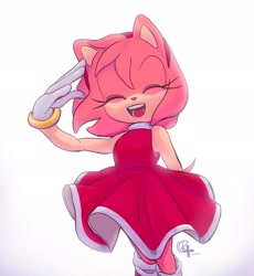 Size: 1885x2048 | Tagged: safe, artist:chickuito, amy rose, 2024, amybetes, cute, eyes closed, mouth open, signature, simple background, smile, solo, standing, white background