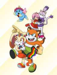 Size: 540x714 | Tagged: safe, artist:manik-needlemouse, amy rose, blaze the cat, cheese (chao), cream the rabbit, marine the raccoon, chao, 2019, amy x blaze, bisexual, bisexual pride, face paint, flag, flower crown, group, holding each other, lesbian, lesbian pride, maream, neutral chao, pride, shipping, striped background
