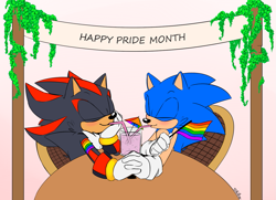 Size: 1257x908 | Tagged: safe, artist:kazdow, shadow the hedgehog, sonic the hedgehog, 2022, armband, banner, blushing, chair, cute, date, drink, drinking, duo, english text, flag, gay, gay pride, holding hands, pride, shadow x sonic, shipping, sitting, smile, table