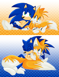 Size: 1825x2384 | Tagged: safe, artist:andrillia, miles "tails" prower, sonic the hedgehog, 2021, checkered background, duo, hugging, outline, shoes off, sitting, smile