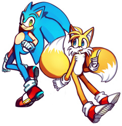 Size: 773x803 | Tagged: safe, artist:haothien, miles "tails" prower, sonic the hedgehog, 2016, clenched fist, duo, looking at viewer, looking offscreen, pointing, simple background, smile, white background