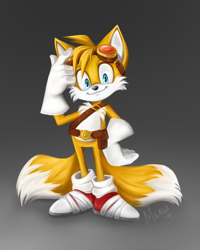 Size: 1000x1250 | Tagged: safe, artist:waatam, miles "tails" prower, 2021, gradient background, hand on hip, looking at viewer, signature, smile, solo, sonic boom (tv), standing