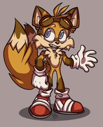 Size: 1453x1791 | Tagged: safe, artist:bunniary, miles "tails" prower, 2021, arm fluff, beanbrows, fangs, goggles, grey background, leg fluff, looking offscreen, mouth open, redesign, shadow (lighting), signature, simple background, smile, solo, standing, tan nose