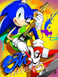 Size: 1536x2048 | Tagged: safe, artist:aohari251, sonic the hedgehog, 2024, birthday, character name, guitar, holding something, solo, tongue out