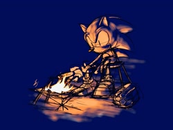Size: 2048x1536 | Tagged: safe, artist:aohari251, sonic the hedgehog, 2024, blue background, fire, limited palette, simple background, sitting, solo