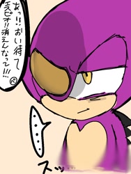 Size: 768x1024 | Tagged: safe, artist:soniq_chan, espio the chameleon, ..., 2023, brown background, invisible, japanese text, simple background, solo, speech bubble