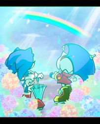 Size: 1823x2248 | Tagged: safe, artist:otohaya_aqua, amy rose, sonic the hedgehog, 2024, daytime, duo, flower, from behind, outdoors, rainbow, raincoat, standing, umbrella