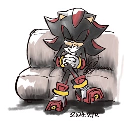 Size: 688x696 | Tagged: safe, artist:syuuu, shadow the hedgehog, 2024, couch, eyes closed, legs crossed, simple background, sitting, solo, white background
