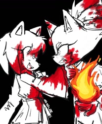 Size: 1118x1359 | Tagged: safe, artist:bombchan, amy rose, blaze the cat, 2024, amy x blaze, black and white, black background, blood, blood stain, duo, fire, flame, frown, lesbian, looking at each other, monochrome, shipping, simple background, smile