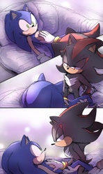 Size: 1214x2048 | Tagged: safe, artist:sumju0, shadow the hedgehog, sonic the hedgehog, 2024, abstract background, couch, duo, gay, hand on another's chest, kneeling, lidded eyes, looking at each other, lying down, shadow x sonic, shipping, sitting on them