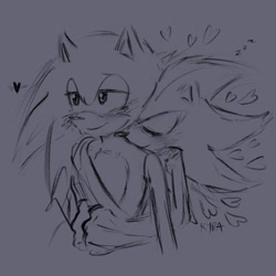 Size: 2048x2048 | Tagged: safe, artist:kyradrawss, shadow the hedgehog, sonic the hedgehog, 2024, cute, duo, eyes closed, gay, heart, hugging, hugging from behind, lidded eyes, line art, purple background, shadow x sonic, shadowbetes, shipping, simple background, smile, sonabetes
