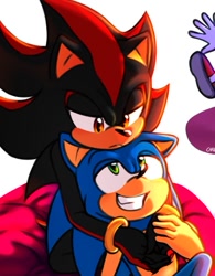 Size: 633x811 | Tagged: safe, artist:doriigs, shadow the hedgehog, sonic the hedgehog, 2024, duo, frown, gay, gloves off, lidded eyes, looking at each other, pillow, shadow x sonic, shipping, simple background, sitting, smile, white background
