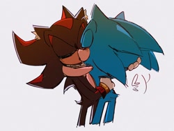 Size: 2048x1536 | Tagged: safe, artist:smock_30, shadow the hedgehog, sonic the hedgehog, 2024, blushing, duo, eyes closed, gay, grey background, heart, holding each other, kiss, shadow x sonic, shipping, simple background, standing
