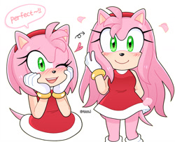 Size: 1500x1220 | Tagged: safe, artist:4622j, amy rose, 2024, alternate hairstyle, amybetes, blushing, cute, dialogue, english text, heart, signature, simple background, solo, speech bubble, standing, white background, wink