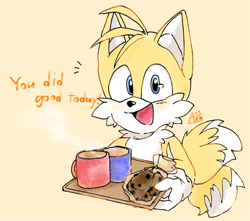 Size: 1934x1711 | Tagged: safe, artist:aira, miles "tails" prower, 2024, blushing, cookie, english text, food, mug, simple background, smile, solo, tray, yellow background