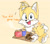 Size: 1934x1711 | Tagged: safe, artist:mipa510779, miles "tails" prower, 2024, blushing, cookie, english text, food, mug, simple background, smile, solo, tray, yellow background
