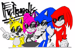 Size: 6446x4188 | Tagged: safe, artist:aira, amy rose, knuckles the echidna, miles "tails" prower, sonic the hedgehog, 2024, arms folded, english text, grin, group, simple background, smile, standing, sunglasses, white background