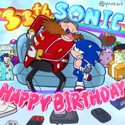 Size: 2000x2000 | Tagged: safe, artist:ynnkhrs, robotnik, sonic the hedgehog, 2024, anniversary, birthday, character doll, controller, couch, dreamcast, duo, english text, gamecube, gaming, gift box, grin, playing videogame, sitting, smile, sonic doll