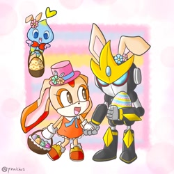 Size: 1200x1200 | Tagged: safe, artist:ynnkhrs, cheese (chao), cream the rabbit, gemerl, chao, rabbit, 2024, costume, easter, easter basket, easter egg, flying, hat, holding hands, holding something, robot, standing