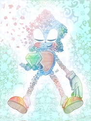Size: 1536x2048 | Tagged: safe, artist:toironooto, sonic the hedgehog, 2024, chaos emerald, eyes closed, flower, smile, solo