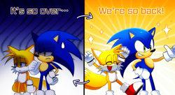 Size: 1280x697 | Tagged: safe, artist:snt0skt, miles "tails" prower, sonic the hedgehog, 2024, duo, english text, grin, happy, it's over, meme, shadowed face, smile, standing, sweatdrop