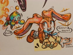 Size: 4080x3060 | Tagged: safe, artist:ybetz_arts, cheese (chao), cream the rabbit, chao, 2024, duo, english text, flying, signature, simple background, speech bubble, traditional media