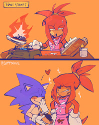 Size: 2800x3526 | Tagged: safe, artist:cbruh2348, knuckles the echidna, sonic the hedgehog, 2024, alternate hairstyle, apron, blushing, book, chili dog, comic, cooking, duo, english text, fire, food, gay, holding something, knuxonic, orange background, ponytail, shipping, simple background, smile