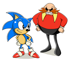 Size: 750x631 | Tagged: safe, artist:zowr2jm2b1yqa9d, robotnik, sonic the hedgehog, 2024, clenched teeth, duo, shadow (lighting), simple background, smile, standing, white background