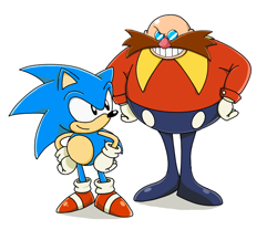Size: 784x653 | Tagged: safe, artist:zowr2jm2b1yqa9d, robotnik, sonic the hedgehog, 2024, classic robotnik, classic sonic, duo, shadow (lighting), simple background, smile, standing, white background