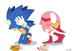 Size: 1301x928 | Tagged: safe, artist:aze_mtz0, amy rose, sonic the hedgehog, 2024, cake, chili dog, food, hands on own head, kneeling, meme, shadow (lighting), simple background, strawberry shortcake (food), white background